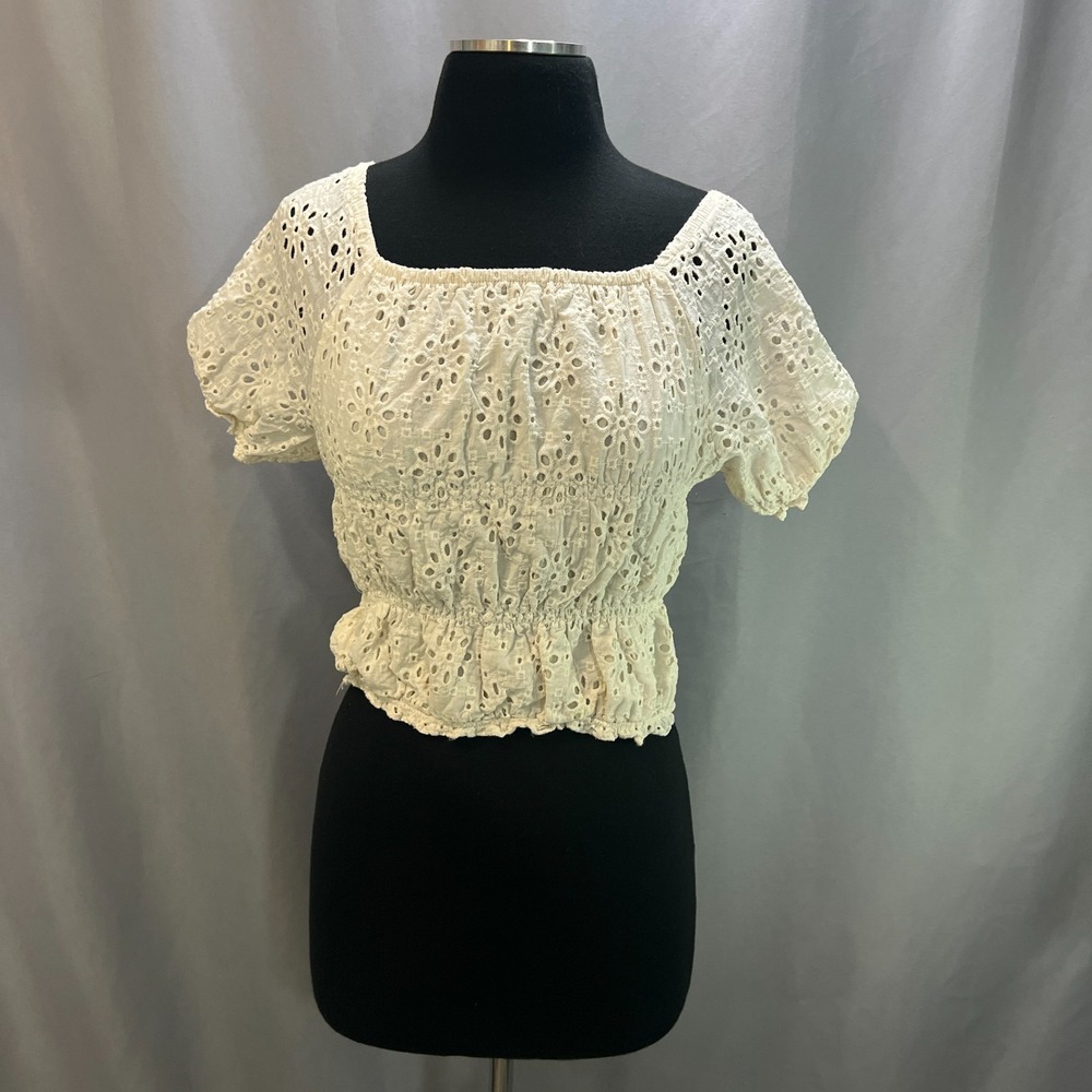Jessica Simpson Eyelet Embroidered Cropped Top XL 14-16 Beige Cotton Square Neck